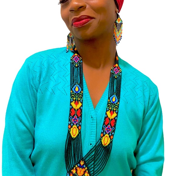 Bead embroidery necklace earrings tribal jewelry - Picture 4 of 10